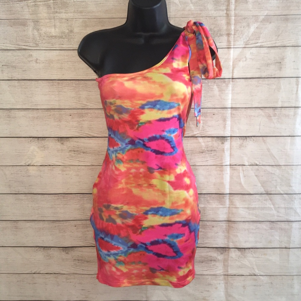 One-Shoulder Tie-Detailed Multicolor Bodycon Dress (SIZE Junior Large)